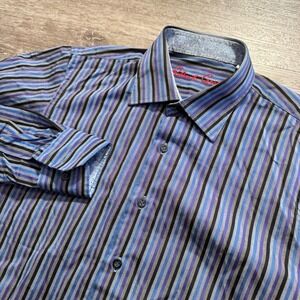 Robert Graham Shirt Youth Large 14-16 Pruple Stripe Preppy Flip Cuff Boys Casual